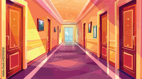 Hotel corridor with closed doors. Vector cartoon illustration