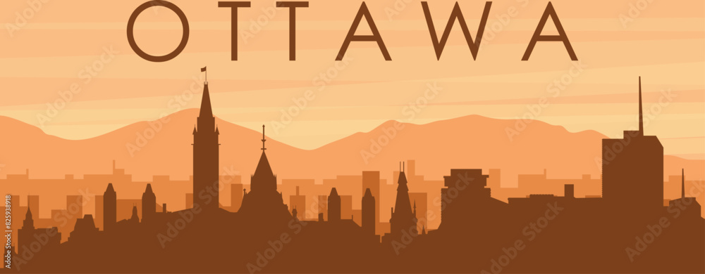 Brown panoramic poster of the city skyline with misty background buildings, sunrise, clouds and mountains of OTTAWA, CANADA Brown panoramic poster of the city skyline with misty background buildings, sunrise, clouds and mountains of OTTAWA, CANADA