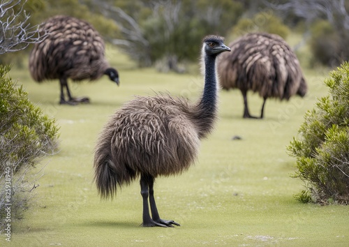 An emu was spotted grazing in the bush. The emu, the second-largest living bird, is currently enda. photo