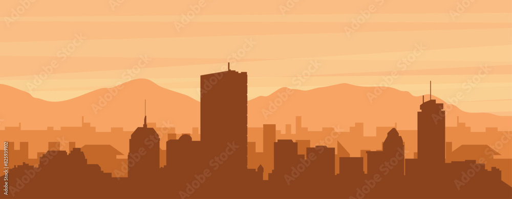Brown panoramic poster of the city skyline with misty background buildings, sunrise, clouds and mountains of BOSTON, UNITED STATES Brown panoramic poster of the city skyline with misty background buildings, sunrise, clouds and mountains of BOSTON, UNITED STATES