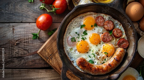 Rustic farmhouse breakfast with eggs and sausage --ar 16:9 Job ID: a0ba509a-60a9-4f59-aa2b-d67dc7013747