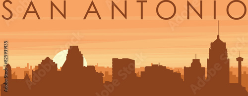 Brown panoramic poster of the city skyline with misty background buildings, sunrise, clouds and mountains of SAN ANTONIO, UNITED STATES