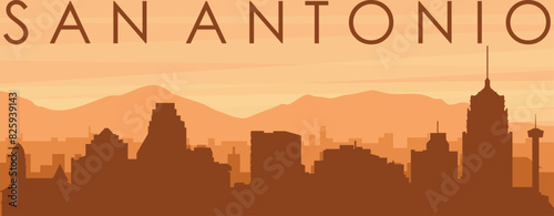 Brown panoramic poster of the city skyline with misty background buildings, sunrise, clouds and mountains of SAN ANTONIO, UNITED STATES