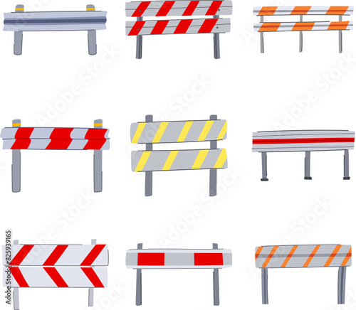 guard rails set cartoon. street side, rail view, crash roadside guard rails sign. isolated symbol vector illustration