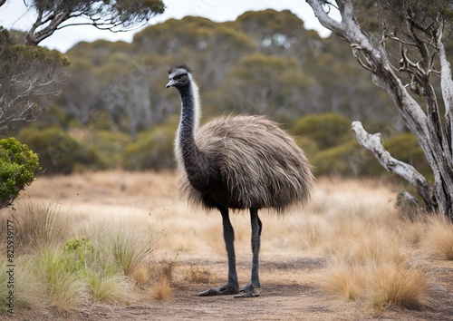 An emu was spotted grazing in the bush. The emu, the second-largest living bird, is currently enda. photo