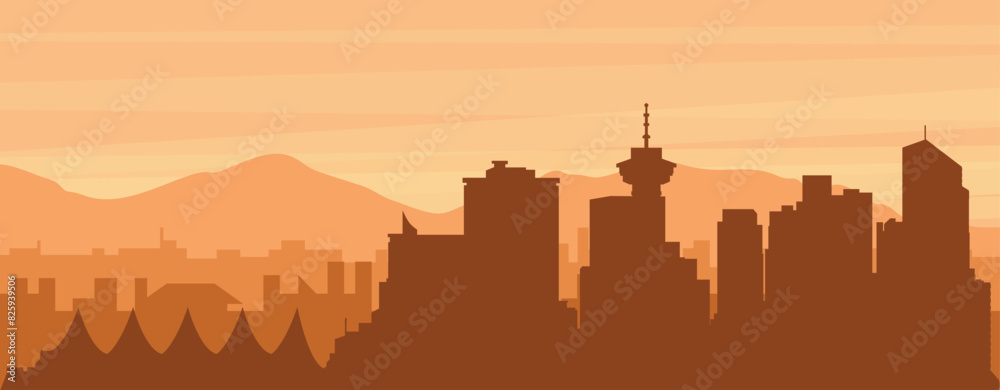 Obraz premium Brown panoramic poster of the city skyline with misty background buildings, sunrise, clouds and mountains of VANCOUVER, CANADA