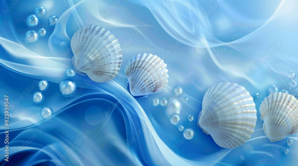 White shells and beads on a wavy blue background White shells and beads on a wavy blue background