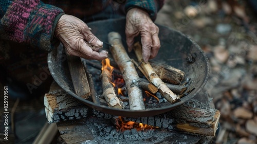 Wallpaper Mural An elderly woman carefully arranging kindling and logs in a traditional firepit for cooking. Torontodigital.ca