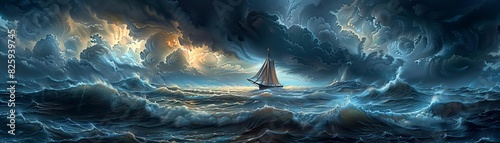 Dramatic seascape with sailboat navigating through stormy ocean waves under a tumultuous sky, capturing the essence of adventure and resilience. photo