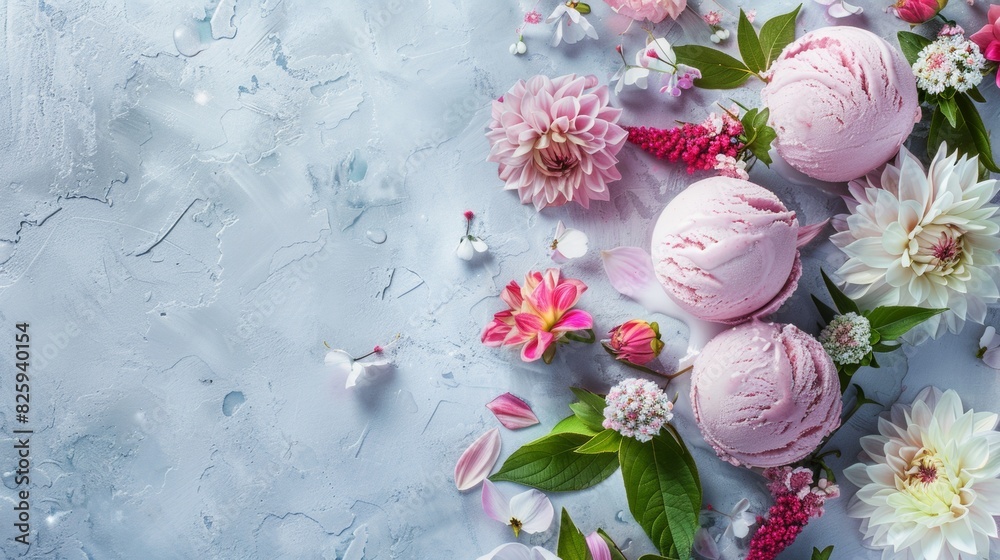 Pink Ice Cream with Fresh Flowers on Light Blue Background Pink Ice Cream with Fresh Flowers on Light Blue Background