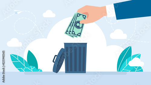 The hand throws dollars into the trash can. Throw away money. Cash in trash can. Throw currency in trash. Flat cartoon design. Vector illustration photo