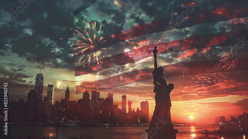 liberty statue usa flag firework sunset sky 4th of july independence day celebration patriotic events national holidays © Farhan