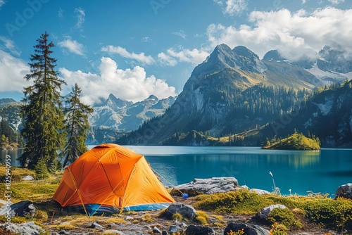 Orange tent near turquoise lake with mountains in the background  surrounded by trees and rocks  under a clear blue sky with clouds.