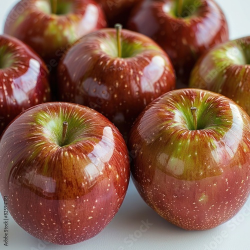 a closeup shot of a glossy juicy red apple with a slight tint of greeness photo