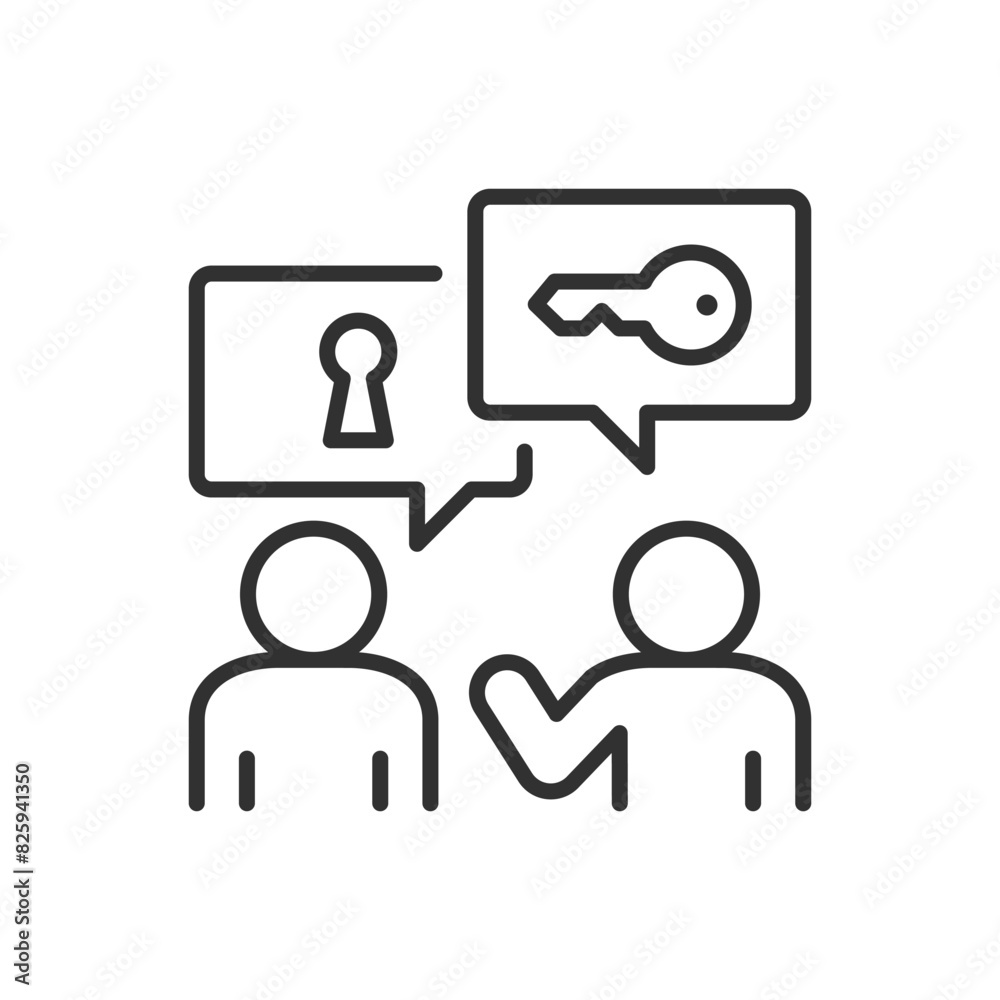 Communication and problem solving, linear icon. A person offers a solution to a problem. People communicating, keys and keyhole. Line with editable stroke Communication and problem solving, linear icon. A person offers a solution to a problem. People communicating, keys and keyhole. Line with editable stroke