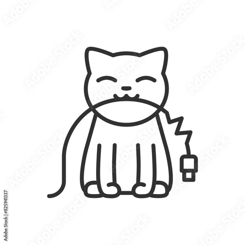 Cat chews cable, animal spoils wire, linear icon, wire strength, animal protection. Line with editable stroke