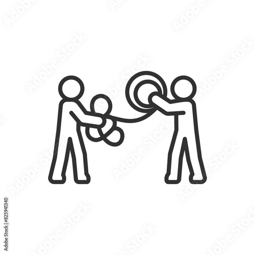 Help and support, linear icon. A person helps untangle a thread tangled in another person's mind. Help, solution, cooperation. Line with editable stroke