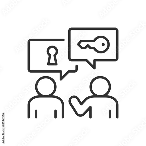 Communication and problem solving, linear icon. A person offers a solution to a problem. People communicating, keys and keyhole. Line with editable stroke