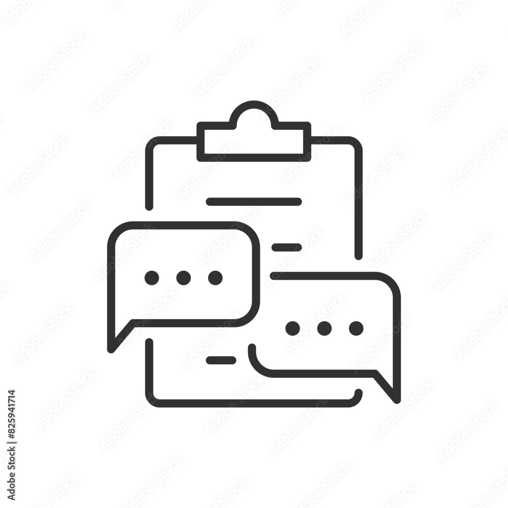 Discussing tasks and plan, linear icon. Clipboard and speech clouds. Line with editable stroke