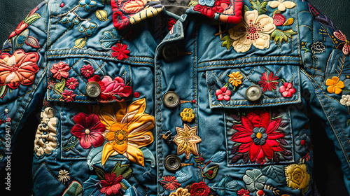 Detailed view of a customized denim jacket with vibrant floral embroidery © João Macedo