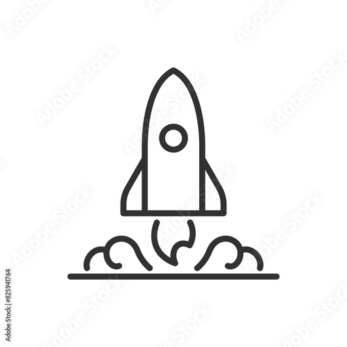 Rocket taking off, linear icon, fire and smoke. Line with editable stroke