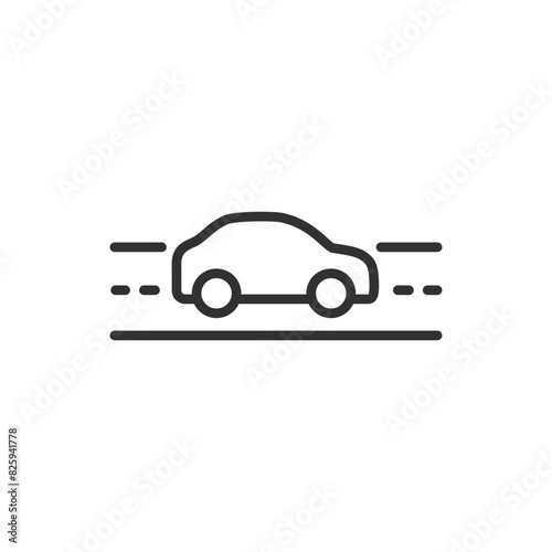 A car on the road, linear icon. Driving on asphalt road. Line with editable stroke
