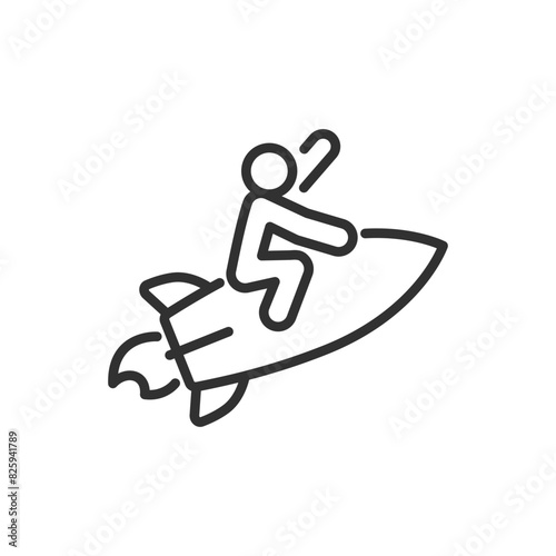 Man flying from above on a rocket, linear icon. Up into the sky. Dream and inspiration. Line with editable stroke