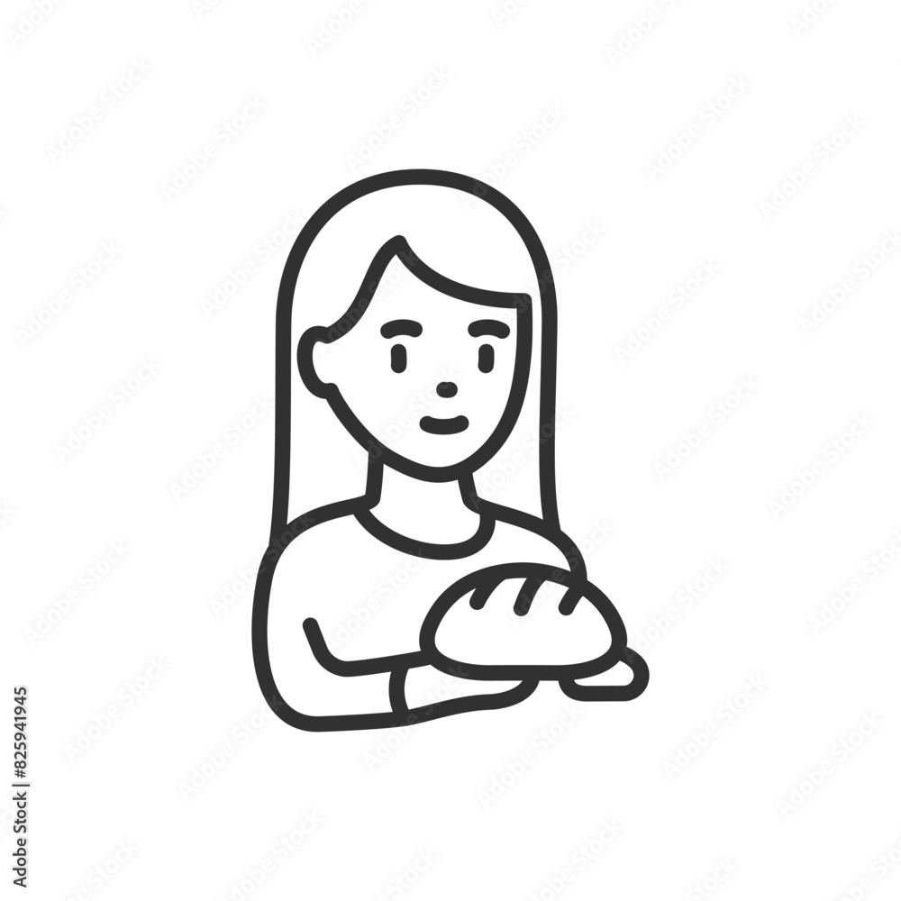 Woman with bread, linear icon. Baked bread. Line with editable stroke Woman with bread, linear icon. Baked bread. Line with editable stroke