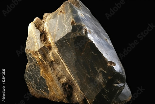 Samarskite-Y is rare precious natural stone on black background. AI generated. Header banner mockup with space. photo
