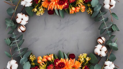 Flowers border with green eucalyptus branches and dry cotton flowers on grey background top view