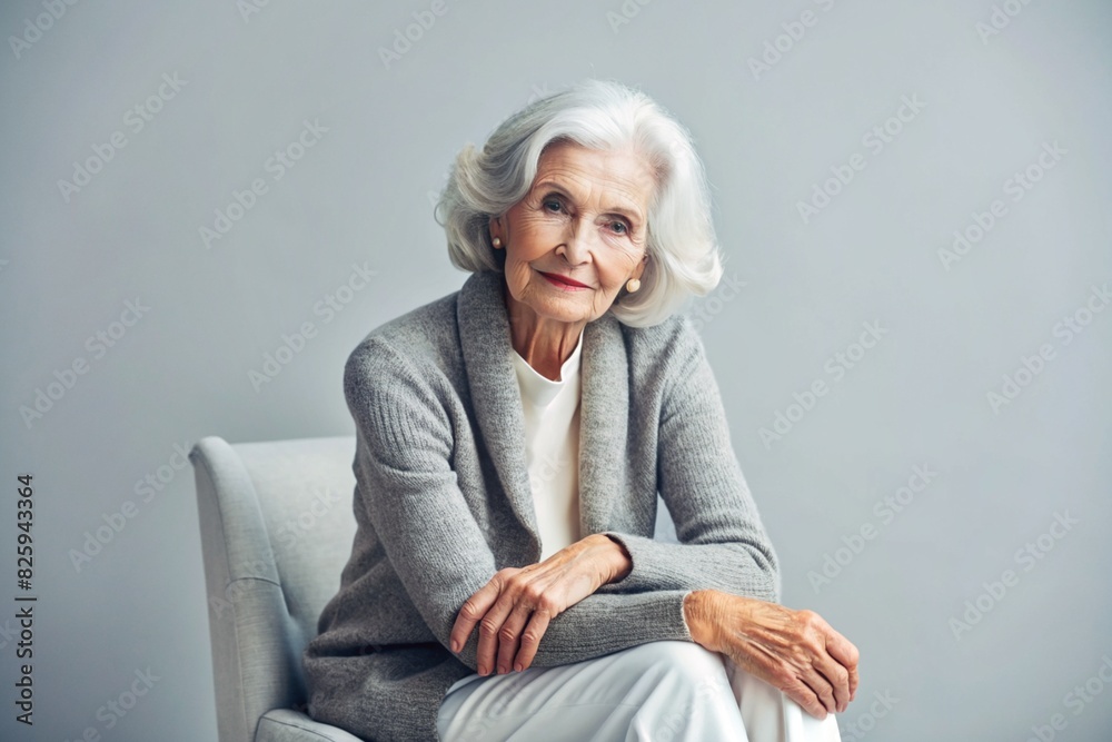 Minimalism. A studio portrait of a stylish, elegant elderly woman, a pensioner of 70 years old, in an interior and clothes of calm tones. The concept of the elderly. Minimalism. A studio portrait of a stylish, elegant elderly woman, a pensioner of 70 years old, in an interior and clothes of calm tones. The concept of the elderly.