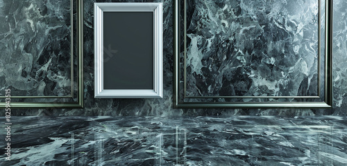 Modern art space with a 3D empty frame on an opulent Levadia Black marble floor. photo