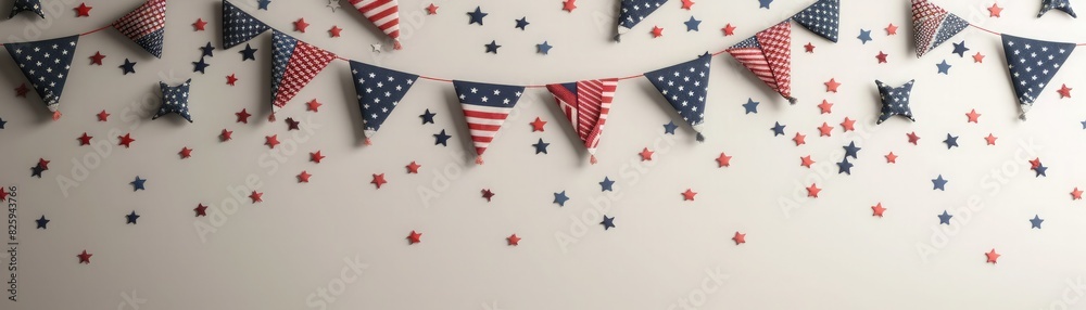 Obraz premium Festive American flag bunting and confetti on a light background, ideal for patriotic celebrations, Independence Day, and Memorial Day events.