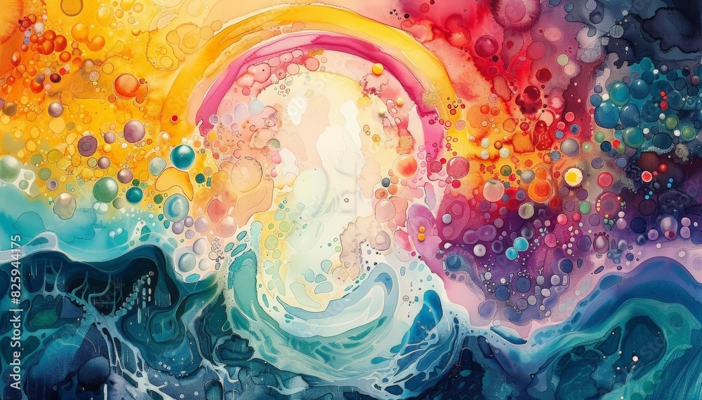 Fototapeta premium A watercolor depiction of a fantastical cyclone twisting balloons up toward a radiant rainbow