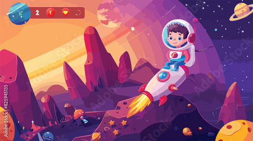 Level map with kid astronaut on rocket in space background