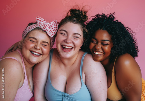 Three women of different ethnicities and body types smiling at the camera against a pink background photo