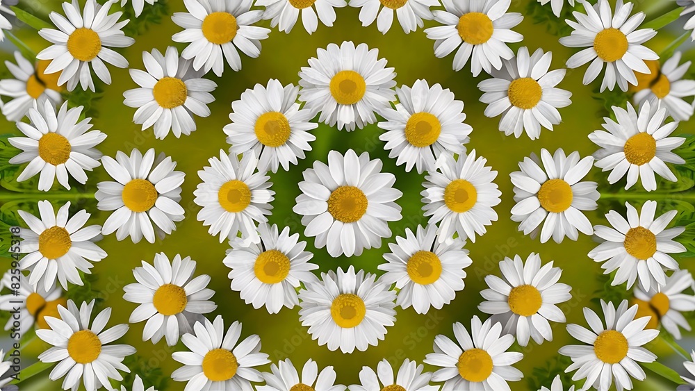 Daisy pattern top view flat lay floral pattern of white chamomile flowers on green background summer concept Daisy pattern top view flat lay floral pattern of white chamomile flowers on green background summer concept