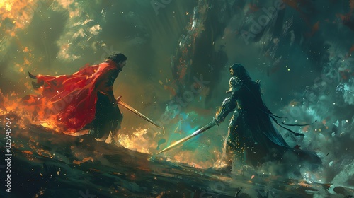 Two armored warriors engage in an intense sword duel, surrounded by flames and smoke, amidst a dramatic and dark battlefield.