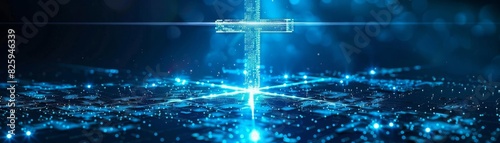 Enigmatic blue cross glowing amidst digital particles, a modern take on religious symbolism photo