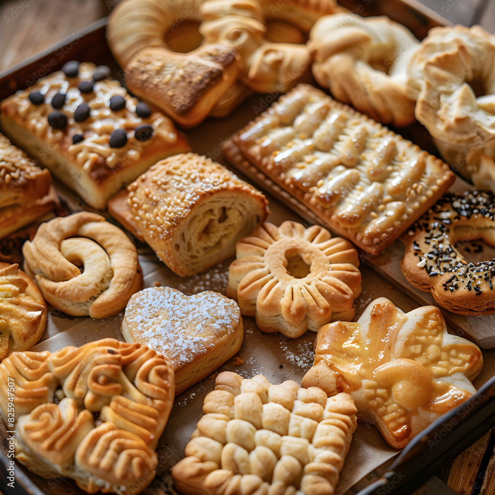Close-Up of Assorted Freshly Baked Biscuits on Rustic Wooden Tray 