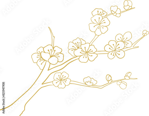 Chinese golden plum blossom decorative material, China, retro, plum blossom, gold, flower, New Year, decoration, pattern, oriental, Japan,
