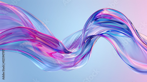 Abstract Transparent glossy glass ribbon on water. Holographic in nature landscape.  curved wave in motion. Iridescent