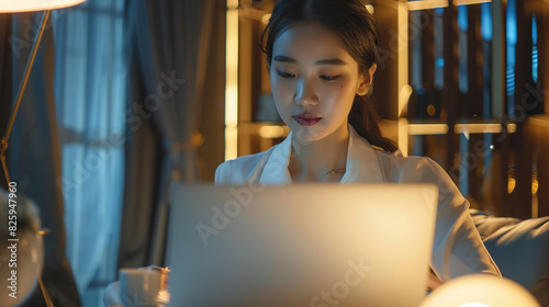 An elegant young Chinese woman dressed in simple fashion, Merade style, professional media writer, age 20-30 years old in a luxurious office decoration, using a computer notebook in text editing