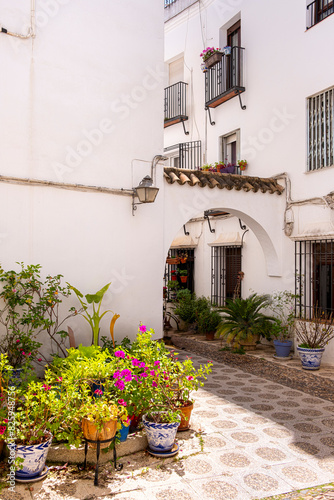 A quintessential Andalusian courtyard with potted flowers and tiled pavement in Cordoba, Spain, beckons in the spring season photo