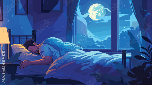 Man sleeping in bed. Night dreams illustration Cartoon