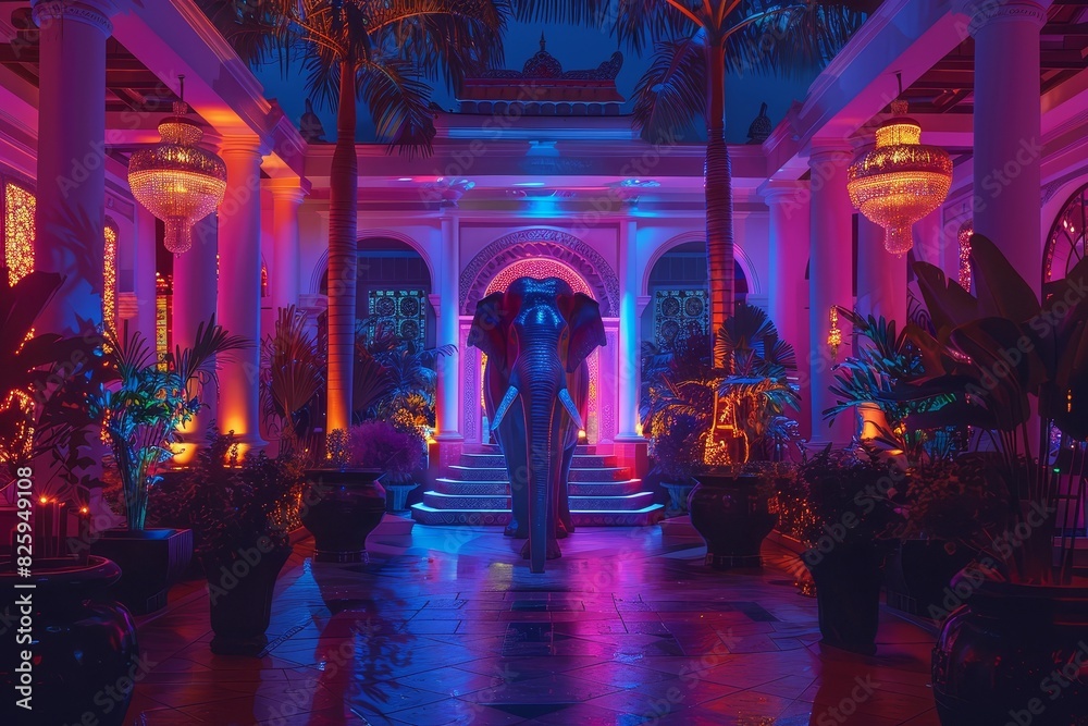 Vibrant neon-lit exotic hallway with a glowing elephant statue, surrounded by lush plants and intricate architectural details. Vibrant neon-lit exotic hallway with a glowing elephant statue, surrounded by lush plants and intricate architectural details.