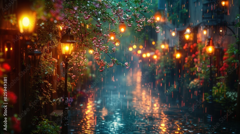 A quiet city street illuminated by soft lamplight rain gently falling and creating a peaceful atmosphere A quiet city street illuminated by soft lamplight rain gently falling and creating a peaceful atmosphere