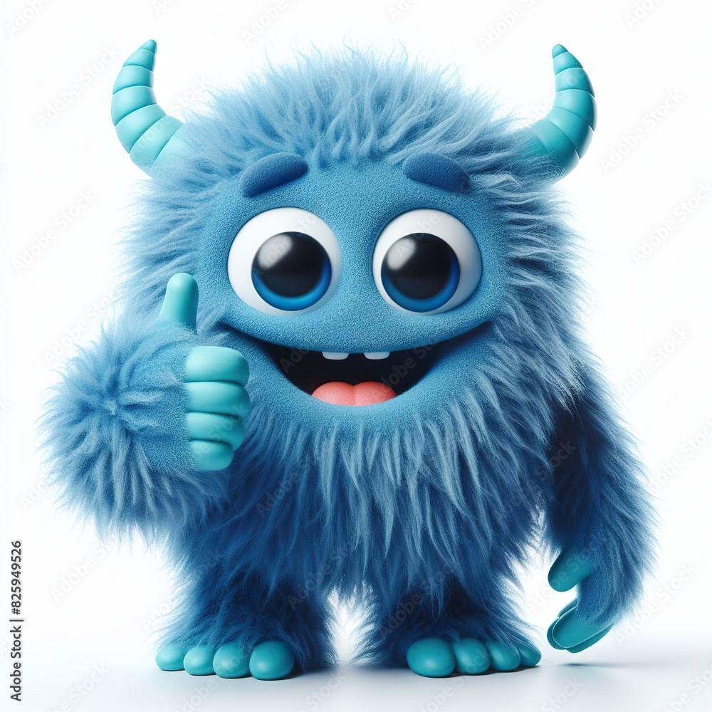 Blue monster that is Very very soft and fuzzy. giving thumbs up, white background Blue monster that is Very very soft and fuzzy. giving thumbs up, white background