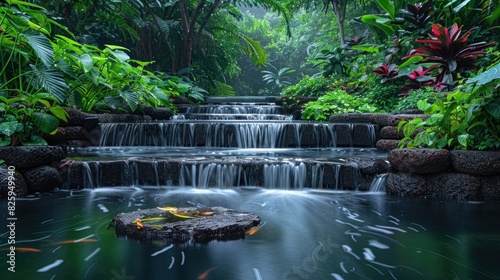 A tranquil waterfall surrounded by lush vegetation, the rain enhancing the natural beauty and sound photo