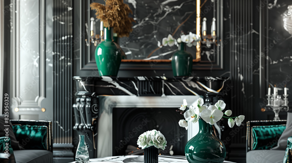 Fototapeta premium a glamorous black and white marble fireplace adorned with emerald green vases as bold accents